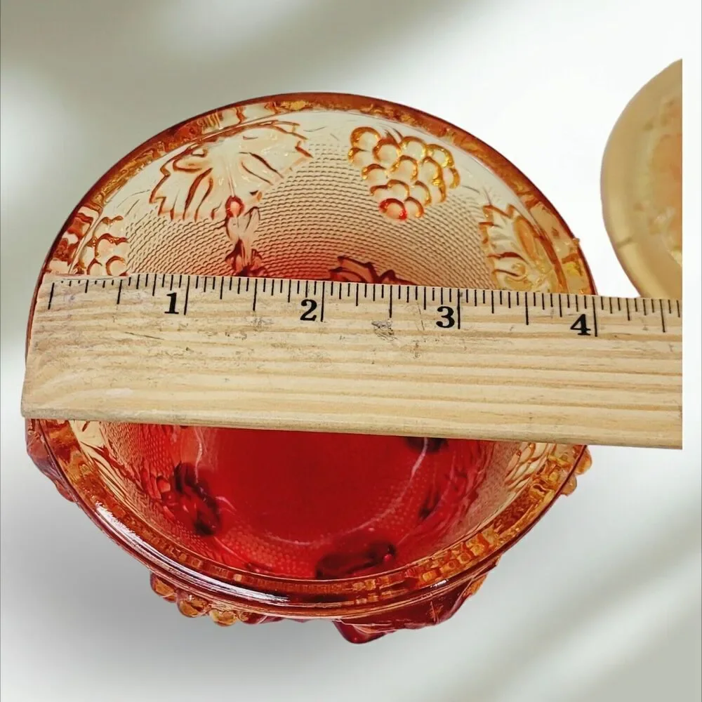 VTG Jeannette Harvest Grapes‎ Amber Red Carnival Glass Footed Covered Candy Dish
